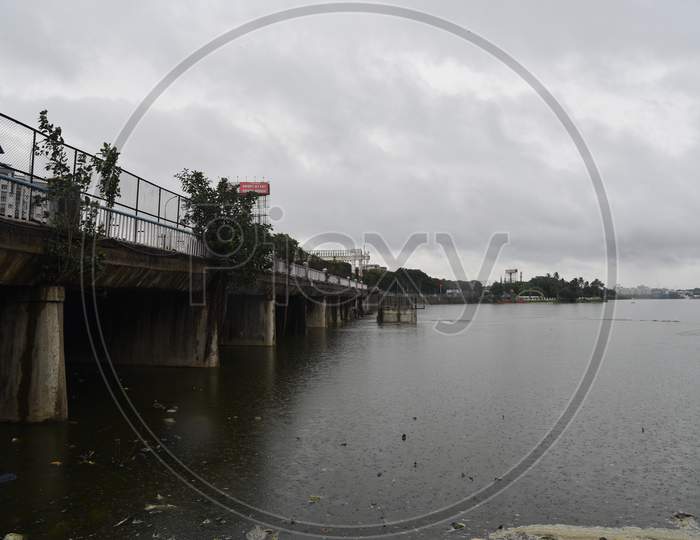 Hussain Sagar reaches it full capacity of 514metres following the incessant rains from the past week in Hyderabad, August 16, 2020.
