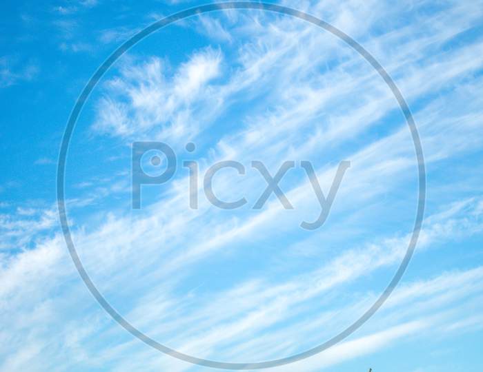 Blue sky with white clouds and green vegetation, copy space on blue sky.