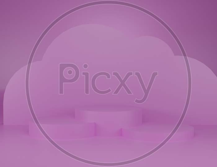 Pedestal Display Or Podium, Pink Theme Cylinder With Background And Levitating Flat Cloud, 3D Render