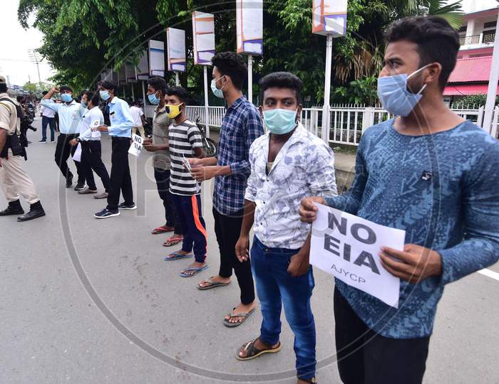 Activists of Asom Jatiyatabadi Yuva Chhatra Parishad (AJYCP),protest against the Implementation Of Environment Impact Assessment (Eia) Draft in Nagaon district of Assam on August 17,2020.