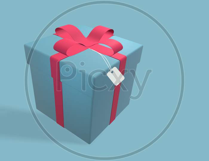 3D Rendering Christmas And New Year'S Day, Blue Gift Box With Red Ribbon On Blue Background