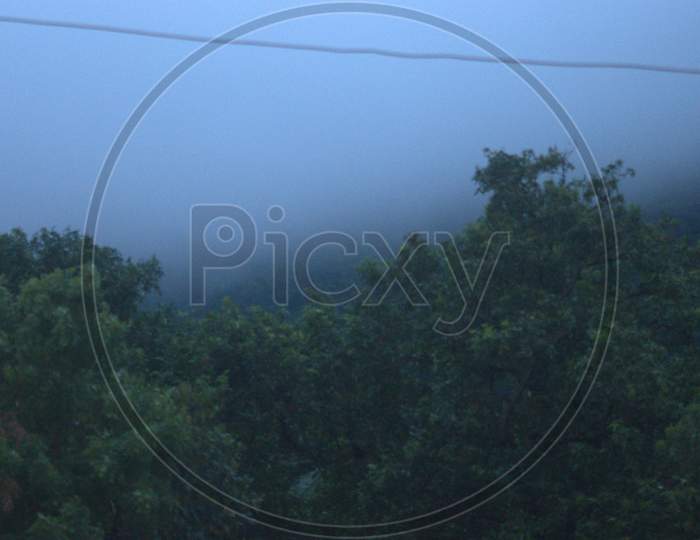 A cloudy foggy mountain view