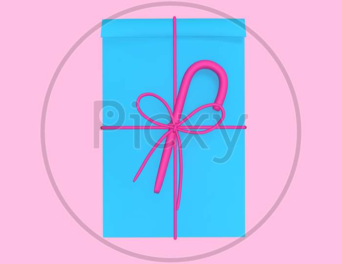 3D Rendering Christmas And New Year'S Day,Blue Gift Box With Ribbon On Pink Background