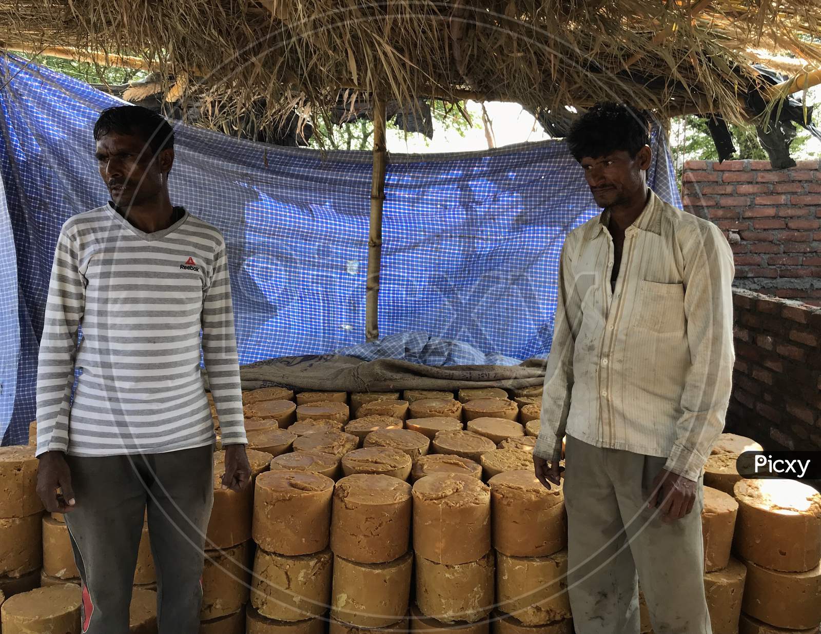 Men Showing Jaggery Stock Made By Sugarcane Juice