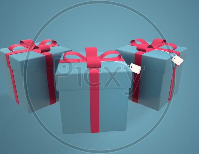 3D Rendering Christmas And New Year'S Day, Blue Gift Box With Red Ribbon On Blue Background