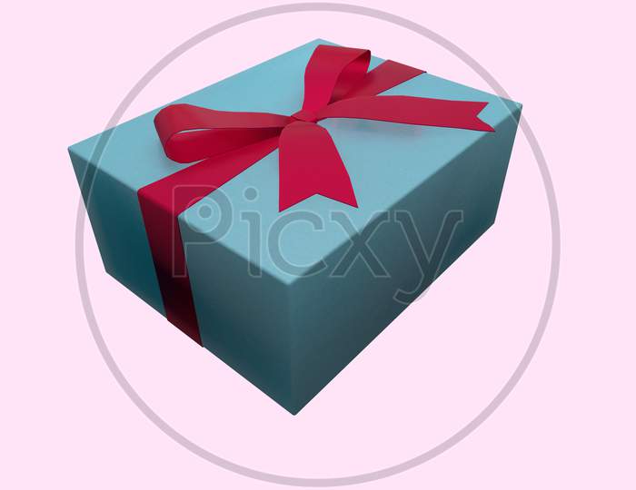 3D Rendering Christmas And New Year'S Day, Blue Gift Box With Red Ribbon On Pink Background
