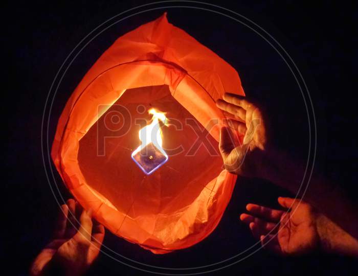 Traditional sky lantern or fanus in the occasion of traditional festival of india