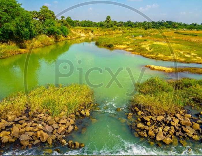 A beautiful flowing river called kopai river in Shantiniketan, Bolpur, West Bengal
