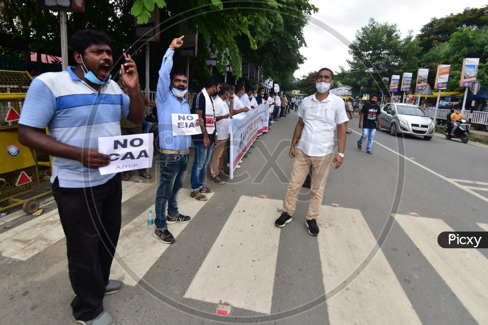 Activists of Asom Jatiyatabadi Yuva Chhatra Parishad (AJYCP),protest against the Implementation Of Environment Impact Assessment (Eia) Draft in Nagaon district of Assam on August 17,2020.