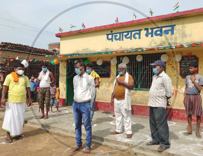 Patna, Bihar - 15 August 2020: social distancing awareness in Indian village