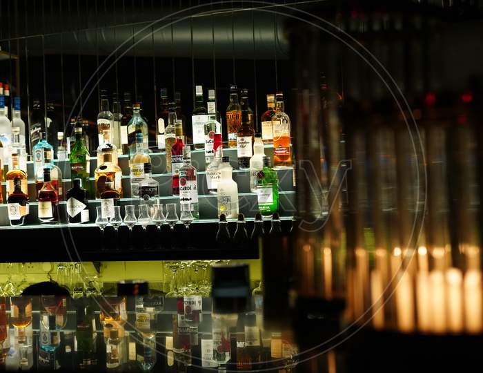 Bar Counter With Liquor Bottles