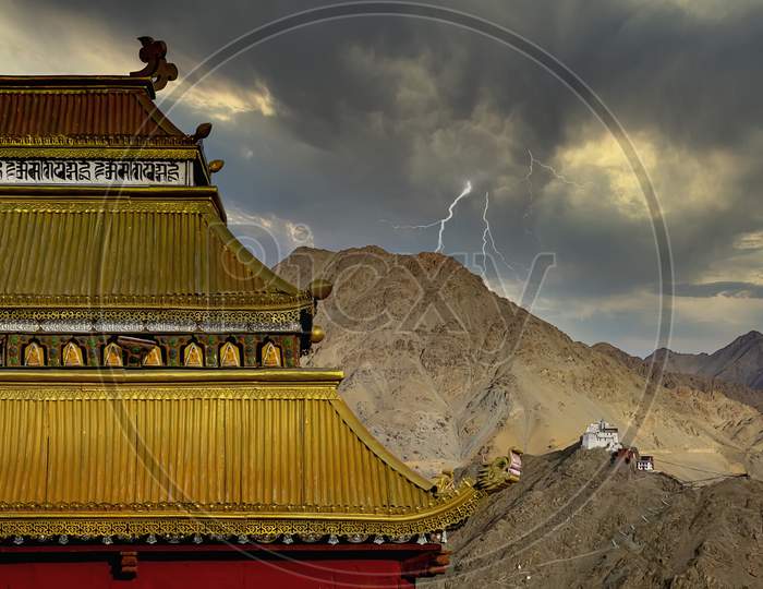 Lightning and wild weather over Namgyal Tsemo Gompa, main buddhist monastery centre in Leh, Ladakh, India