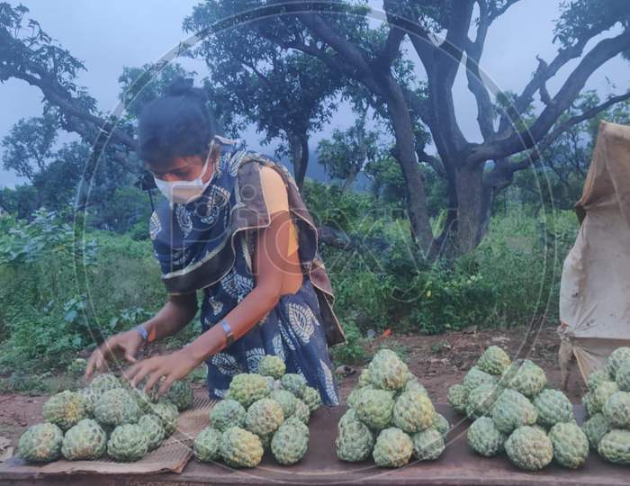 Indian poor woman selling fruits roadside in Covid times
