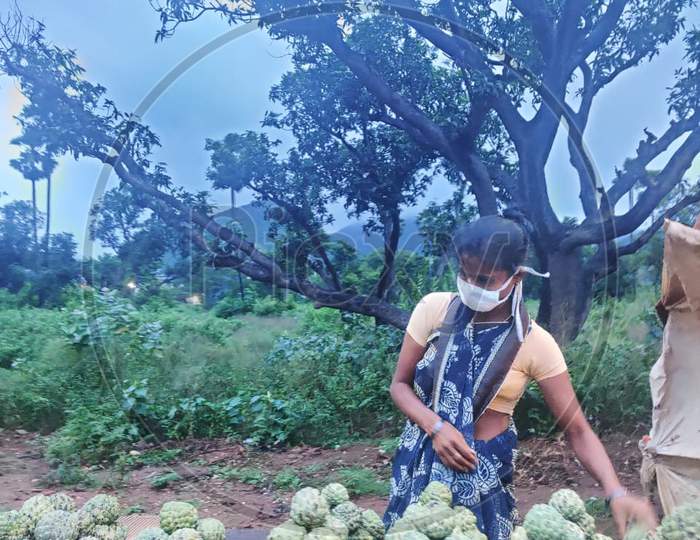 Poor Indian woman selling fruits on a cloudy evening in spite of Corona crisis