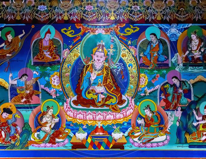 The colourful art and pictorial story telling of Buddha's life story on the walls at Stakna Monastery or Stakna Gompa near Leh, Ladakh, India