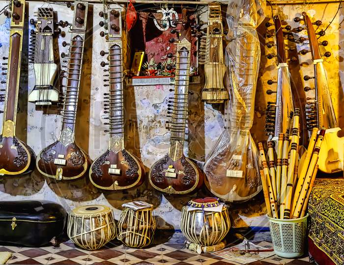 Indian music instruments for sale in a music shop in Varanasi, India.