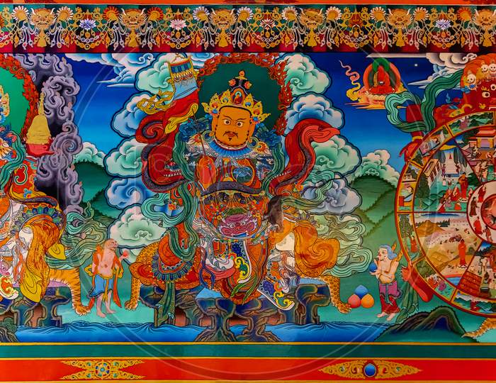 The colourful art and pictorial story telling of Buddha's life story on the walls at Stakna Monastery or Stakna Gompa near Leh, Ladakh, India