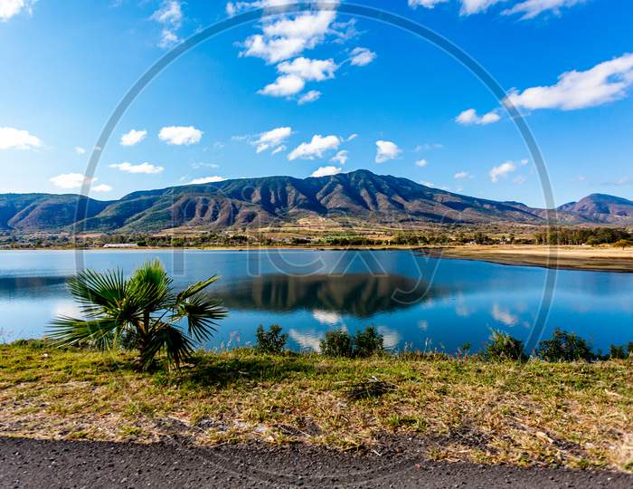 Mexican Mountainous Landscape, A Small Palm Tree Next To A Lake With Mirror Reflection Along The Guadalajara - Chapala Highway Surrounded By Arid Terrain And Trees, Sunny Day In Jalisco, Mexico