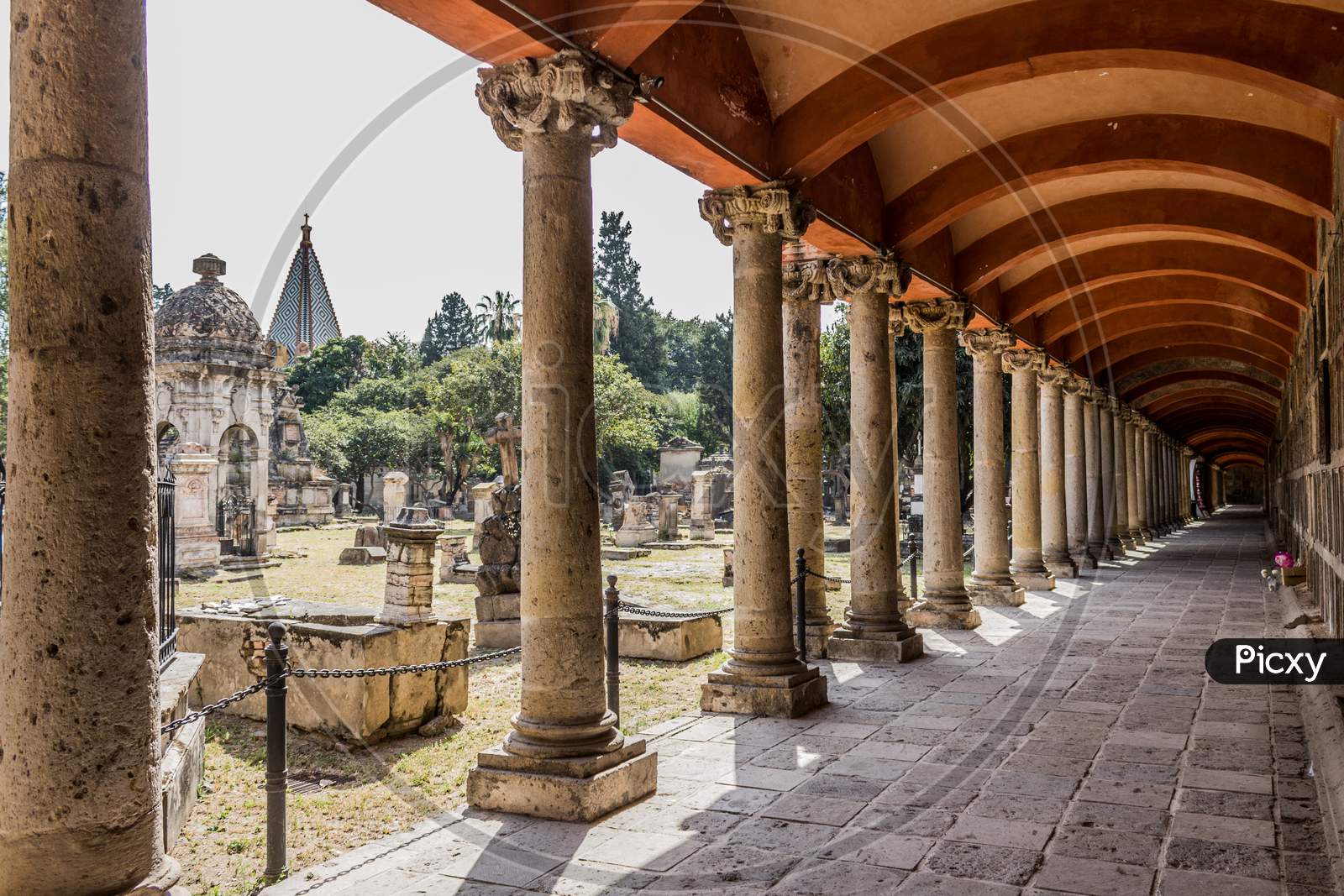 Amazing View Of A Side Aisle And Large And Small Tombs Of The Cemetery Of Belen In Guadalajara Jalisco Mexico, Copy Space, Travel, Halloween Concept