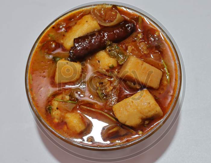 spicy tasty south india traditional homemade elephant foot yam gravy recipe cooked ready to serve