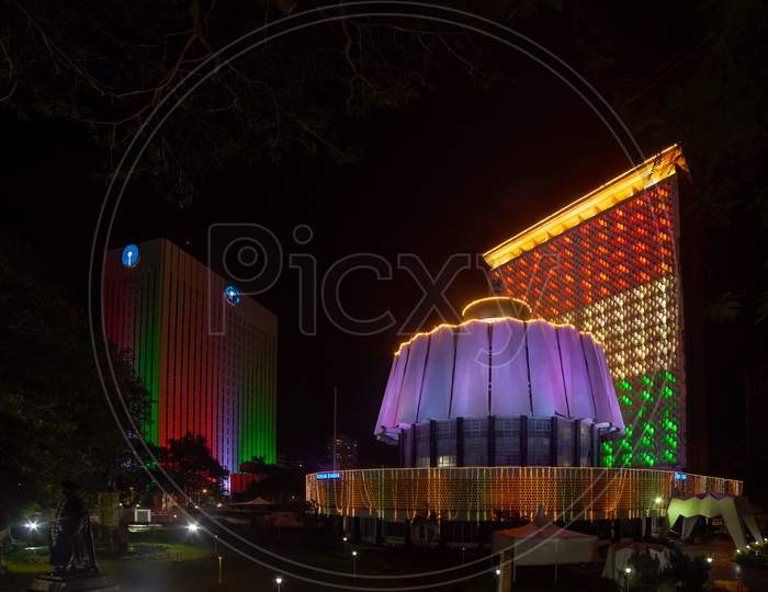 Iconic Buildings Legislative Assembly The Vidhan Sabha or Vidhan Bhavan Lighting elumination of Indian Tricolour on Republic Day Mumbai.
