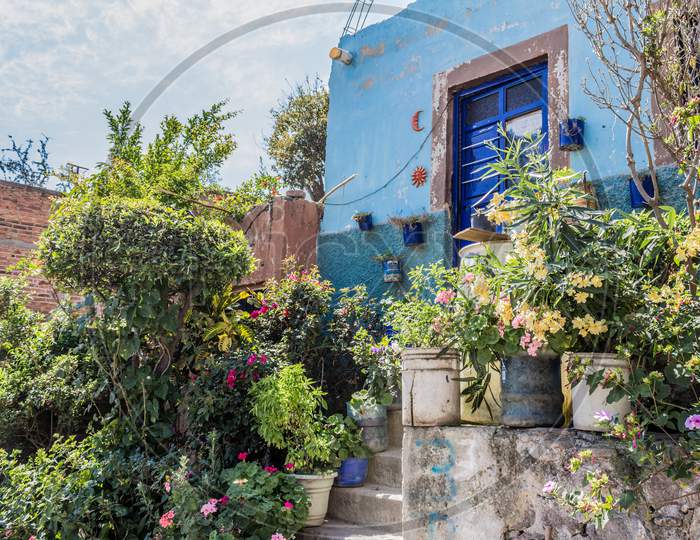 Blue Facade Of A House With Many Plants Flowers And A Tree In The Villages In A Town Of Jalisco Mexico