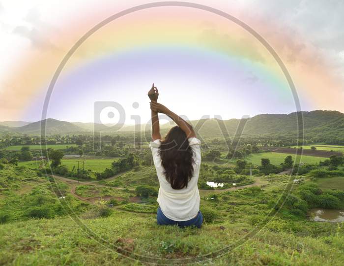 Young Women Watching Rainbow With Sunset Life Achievements And Success.