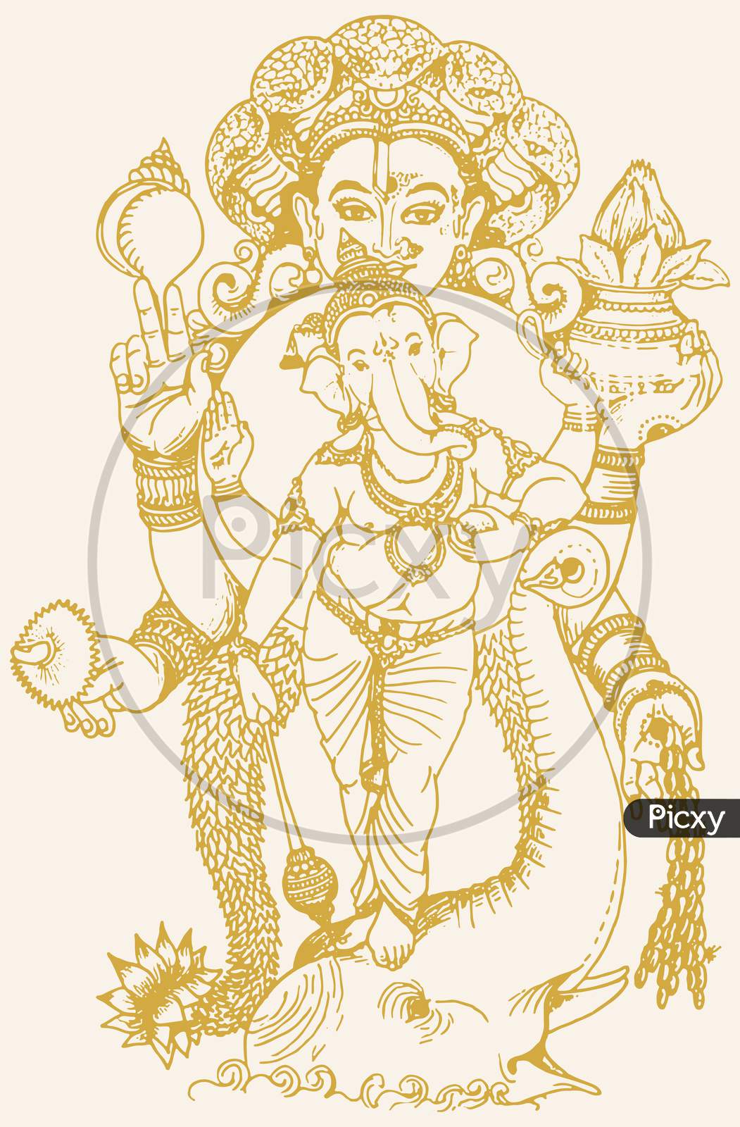 Drawing Of Lord Ganesha Standing With Vishnu And Goddess Lakshmi Outline Editable Vector Illustration