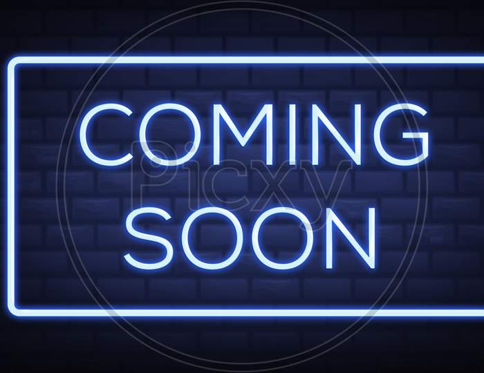 Coming Soon Neon Sign Coming Soon Badge In Neon Style, Design Element, Light Banner, Announcement Neon Signboard, Night Advensing.Illustration. Editing Text Neon Sign