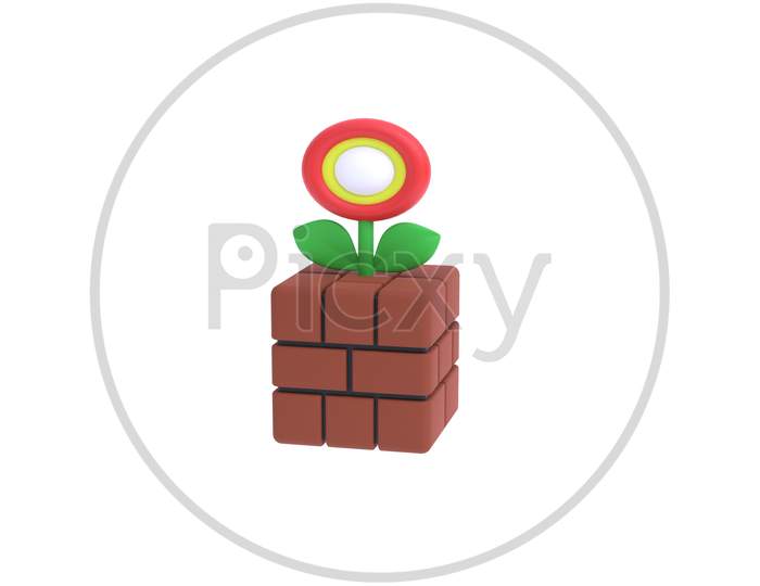 Isolated Illustration Of Old Arcade Video Game Colorful Flower On The Brick, 3D Render