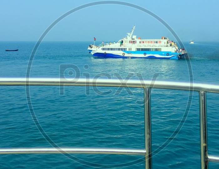 Dhaka,Bangladesh - August 19,2020 : Travel Cruise Ship On Deep Sea Blue Water Shot Taken From Front Rolling Side Of A Big Ship .