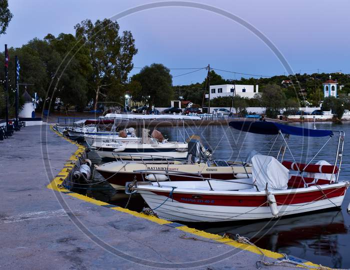 Salamina, Greece - August16, 2020: Boats On A Small Harbor At The Historical Island Of Salamina