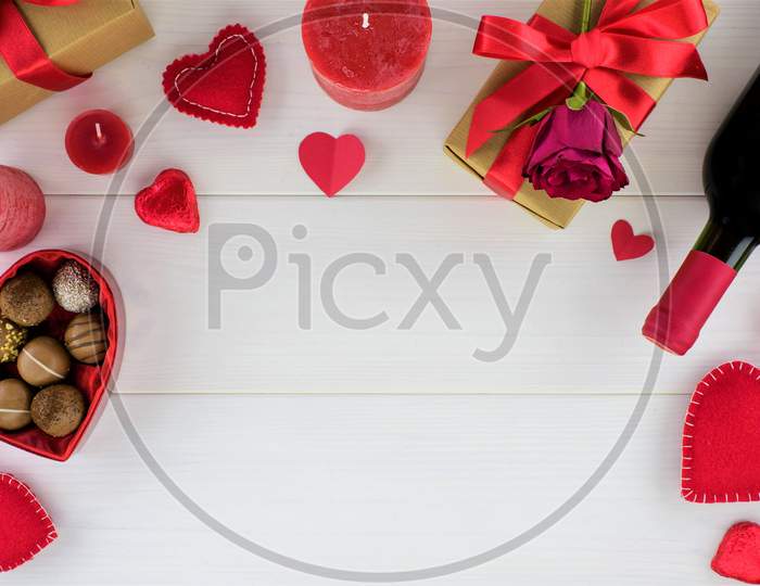 Valentine'S Day Candy, Candles, Template Greeting Card, Heart Bottle Gifts Etc On White Background 8K Food Image.