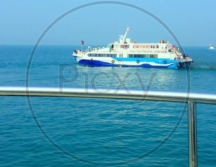 Dhaka,Bangladesh - August 19,2020 : Travel Cruise Ship On Deep Sea Blue Water Shot Taken From Front Rolling Side Of A Big Ship .