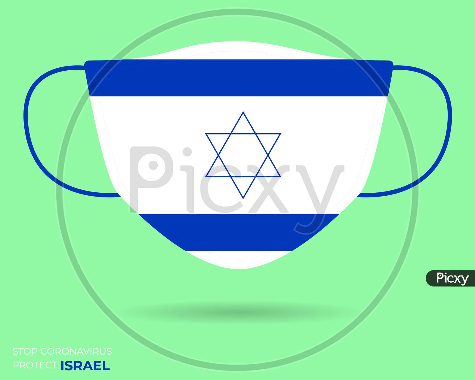Coronavirus In Israel. Graphic Vector Of Surgical Mask With Israel Flag. (2019-Ncov Or Covid-19). Medical Face Mask As Concept Of Coronavirus Quarantine. Coronavirus Outbreak. Use For Printing Eps File