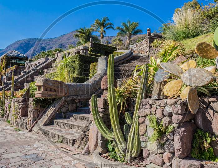 Staircase In A Garden With The Replica Of The Plumed, (Feathered) Serpent On A Splendid And Sunny Day In Chapala, Jalisco Mexico