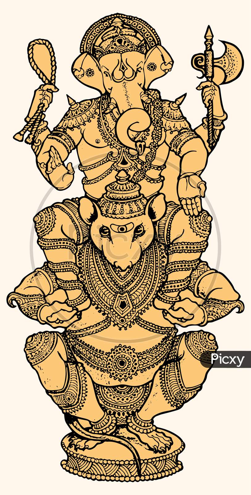 Drawing Of Lord Ganesha Vehicle Mouse Lifting And Sit Above The His Head Vector Outline Editable Illustration