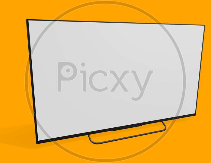 Wide Television Screen Mock Up With Side Perspective View, Isolated On Yellow Background