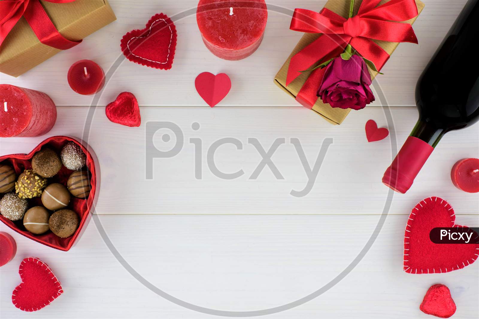 Valentine'S Day Candy, Candles, Template Greeting Card, Heart Bottle Gifts Etc On White Background 8K Food Image.