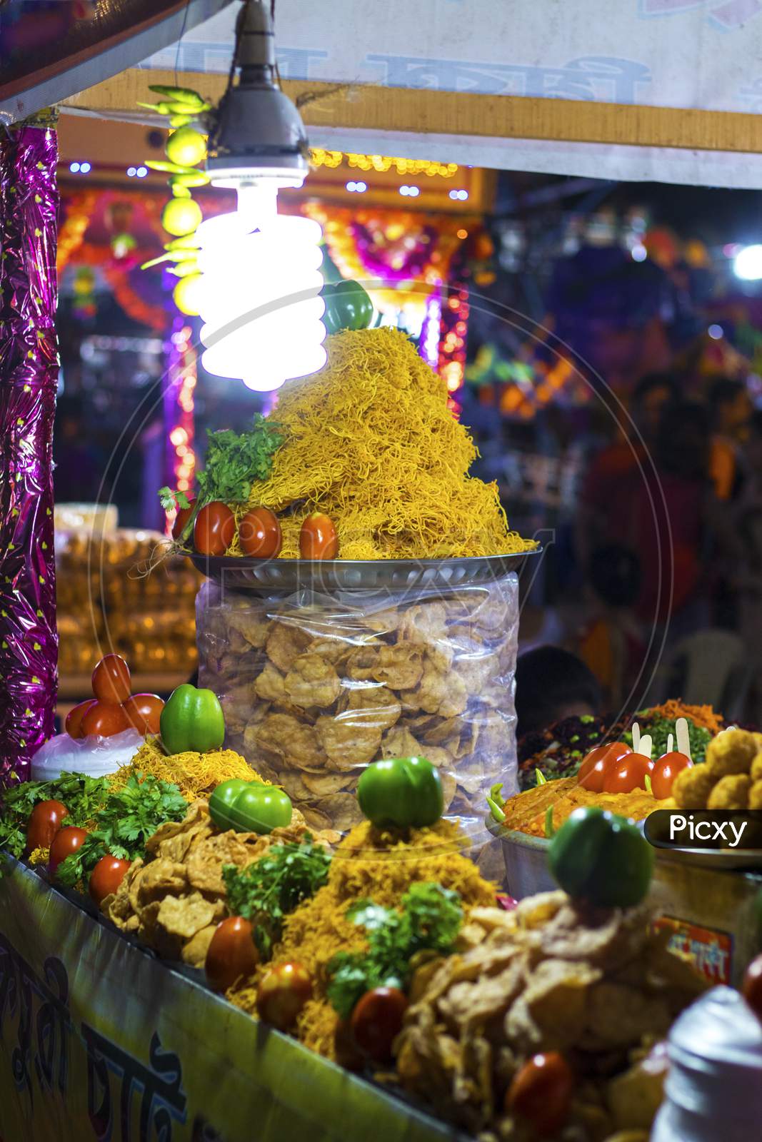 India's One Of The Most Popular Street Food Papri Chaat,Ingredients Of Chaat Arranged At Stall For Sale