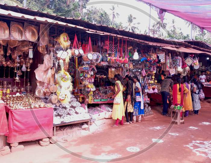 Kukke subramanya Temple  street shops selling pooja items.