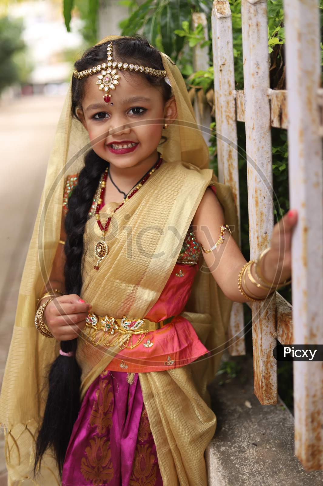 Image of Cute littl girl dressed as Radha for celebrating janmasthmai ...