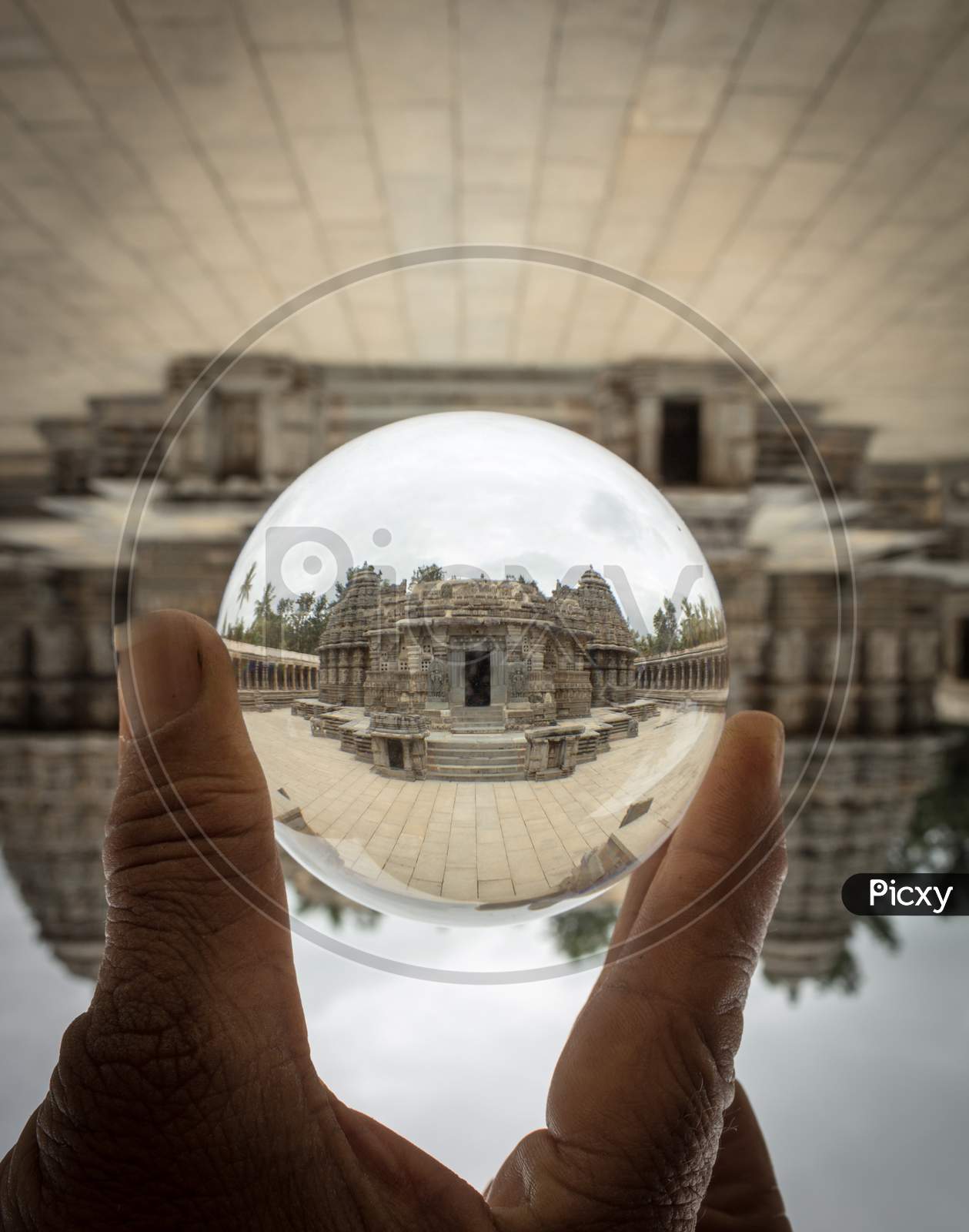 Hoysala temple seen through Lens Crystal ball at Somanathapura/Karnataka/India.