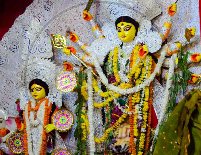 Goddess Durga With Traditional Look In Close Up View At A South Kolkata Durga Puja, Durga Puja Idol, A Biggest Hindu Festival In India