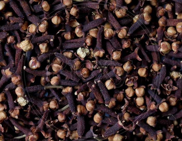 Brown Color Dried Cloves Spread As Texture