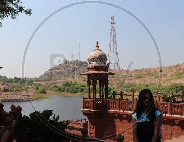 tourist posing at Jaswant Thada, Jodhpur, Rajasthan
