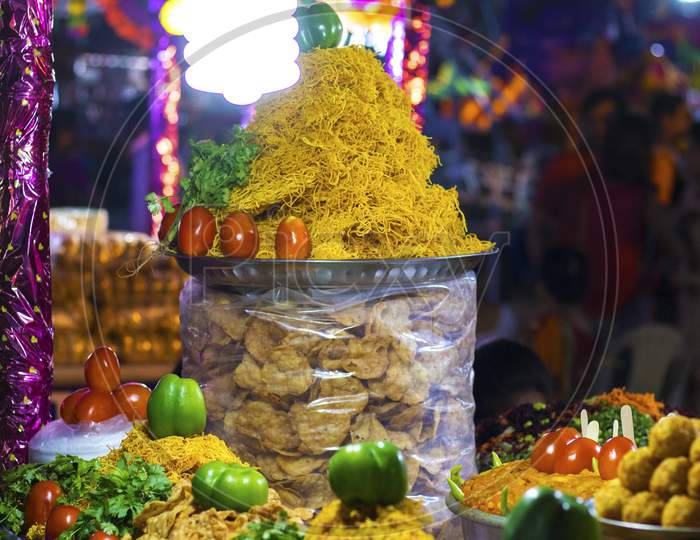 India's One Of The Most Popular Street Food Papri Chaat,Ingredients Of Chaat Arranged At Stall For Sale