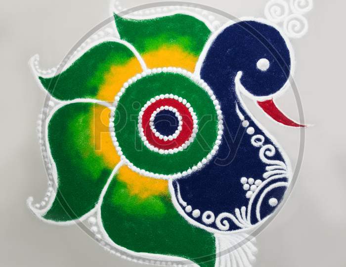 Rangoli Design Made With Colourful Powder For Diwali, Pongal, Onam Festivals In India