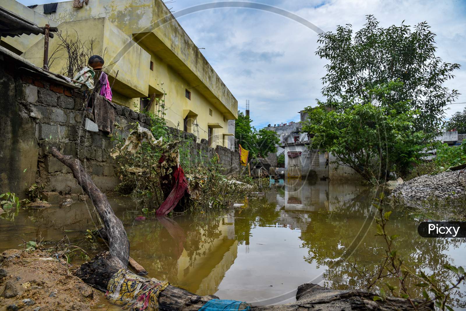 A house that is still inundated under water even after 4 days of flood in Warangal, hanamkonda, August 18, 2020.