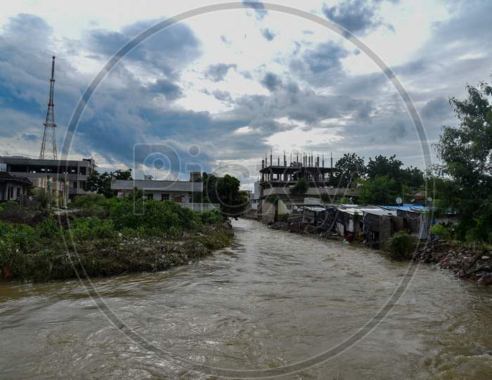 Overflowing of drainage after flash floods that created havoc in Hanamkonda, warangal, August 18, 2020